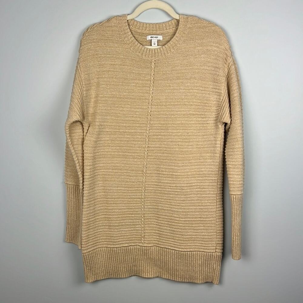 Nine West large metallic neutral longline crewneck fitted sweater